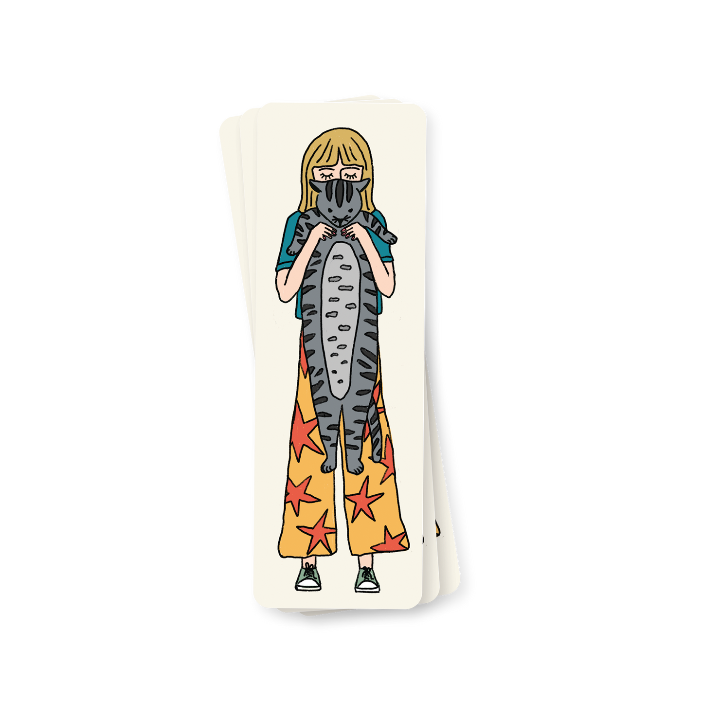 Long Cat Bookmark - Illustrated Companion | Size: 2x6 Inch featuring a girl holding a stretched grey tabby cat, printed on thick cardstock.