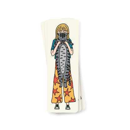 Long Cat Bookmark - Illustrated Companion | Size: 2x6 Inch featuring a girl holding a stretched grey tabby cat, printed on thick cardstock.
