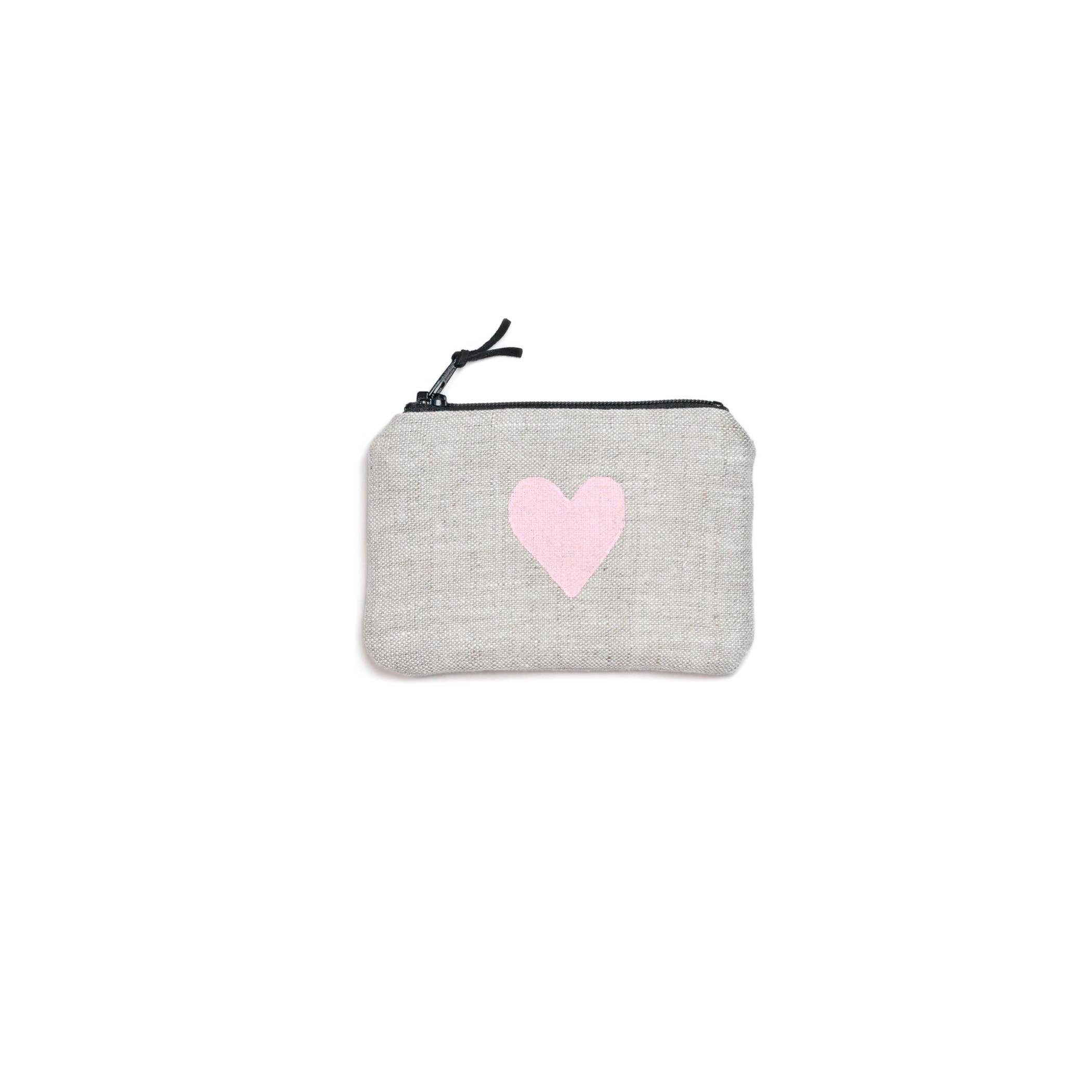 Heart Blockprint Linen Coin Purse Gray Green Goods