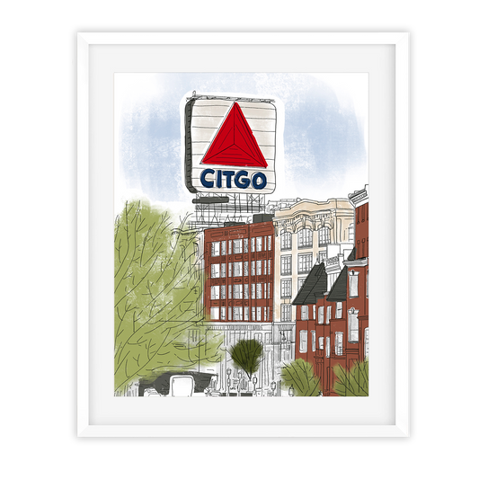 New England Fenway Art Print - 8x10 unframed poster featuring the iconic Citgo sign with Boston architecture, printed on matte 100lb cardstock.