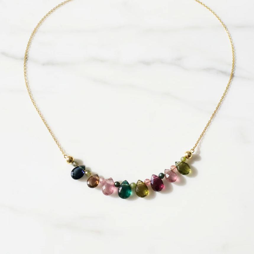 Gold chain Tourmaline Teardrop Necklace with colorful gemstones