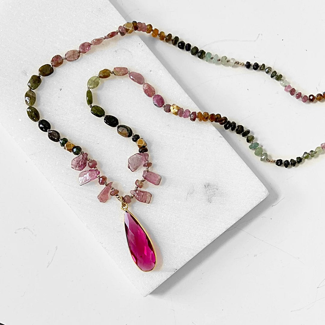 Tourmaline Necklace, Silk Necklace, Hand Knotted, Bohemian Necklace, Tourmaline Chunky Jewelry, Tourmaline Bead, Green and Pink Necklace- Uni-T Janine Gerade