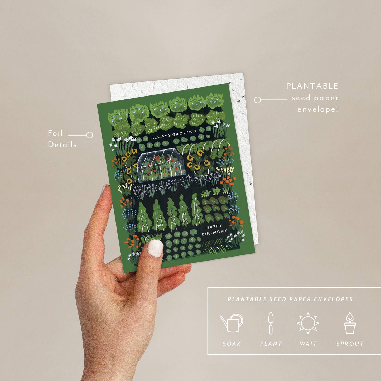 Eco-friendly Garden Greenhouse Card held in hand, showing foil details and plantable seed paper envelope with planting instructions for wildflowers.