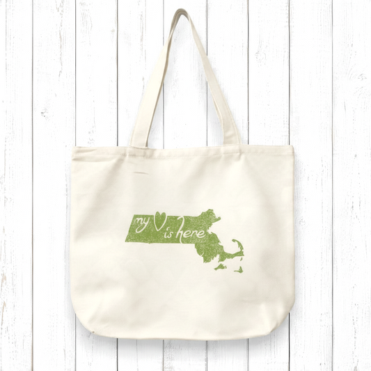 Uni-T organic cotton canvas tote bag featuring a green Massachusetts map graphic with My Heart Is Here text