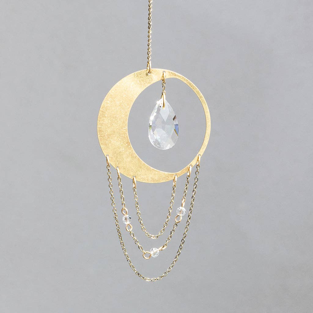 Crescent Moon Suncatcher for Windows with brass frame, crystal drop, and hanging chains. Ideal for home or car window decor.