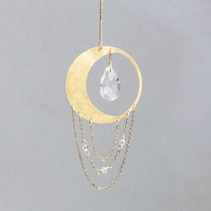 Crescent Moon Suncatcher for Windows with brass frame, crystal drop, and hanging chains. Ideal for home or car window decor.