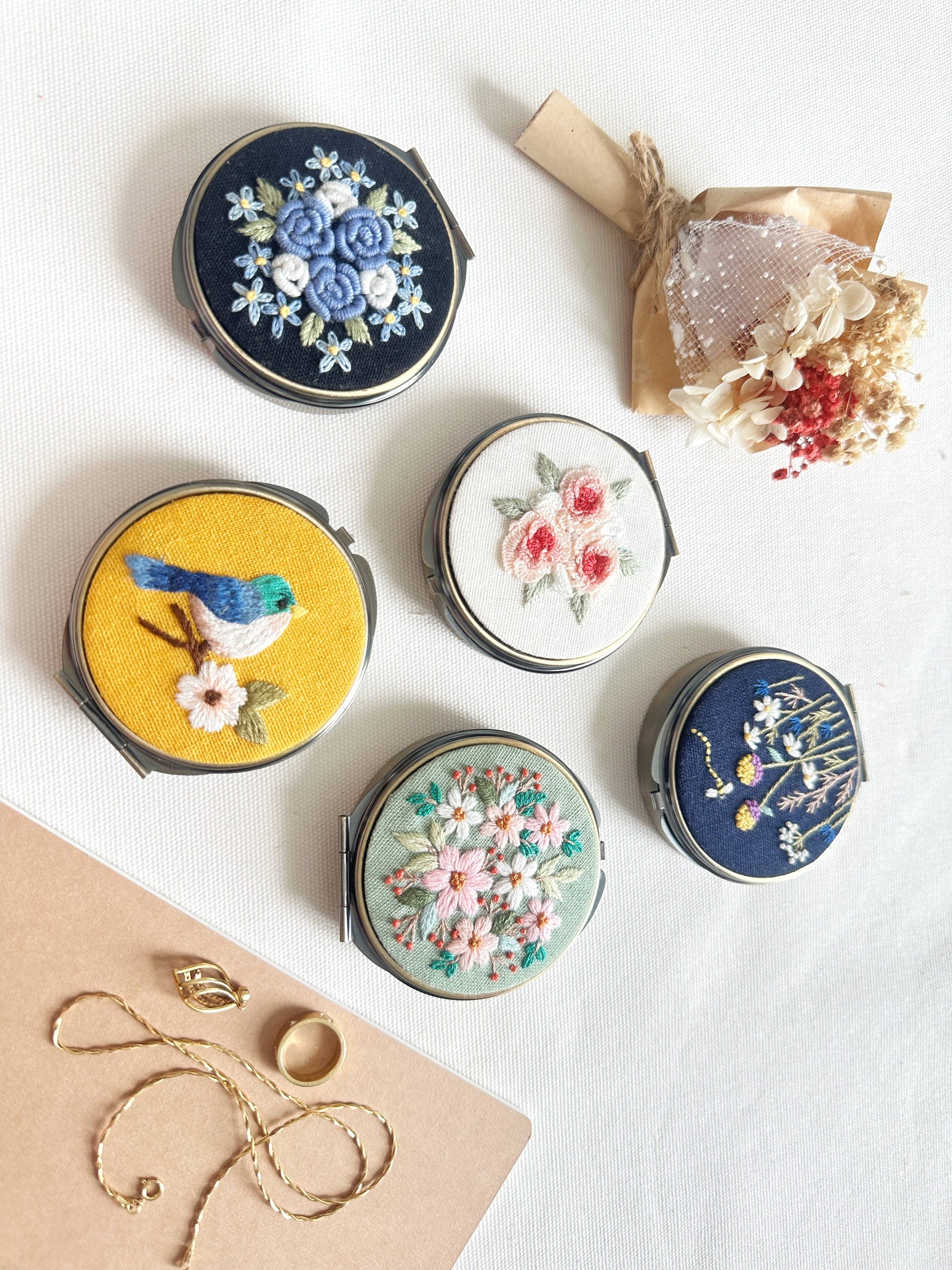Assorted Floral Embroidered Jewelry Boxes with mirror and 3 compartments, featuring bird and flower motifs for decorative jewelry storage.