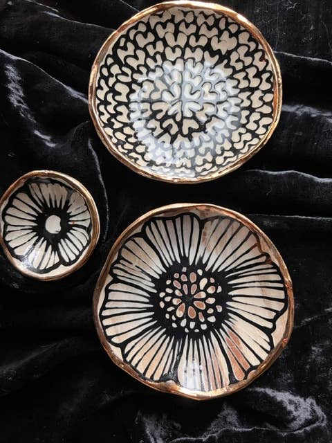 Handmade Floral Round Ceramic Catchall Gold Jewelry Dish 2 Hsieh Clay SF
