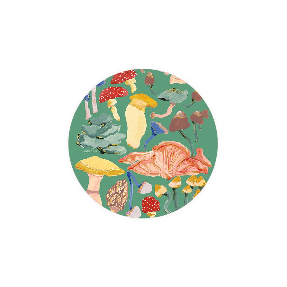 Round Plantable Shrooms Seedlings Coaster featuring vibrant mushroom artwork on a green background, ideal for eco-friendly table decor.
