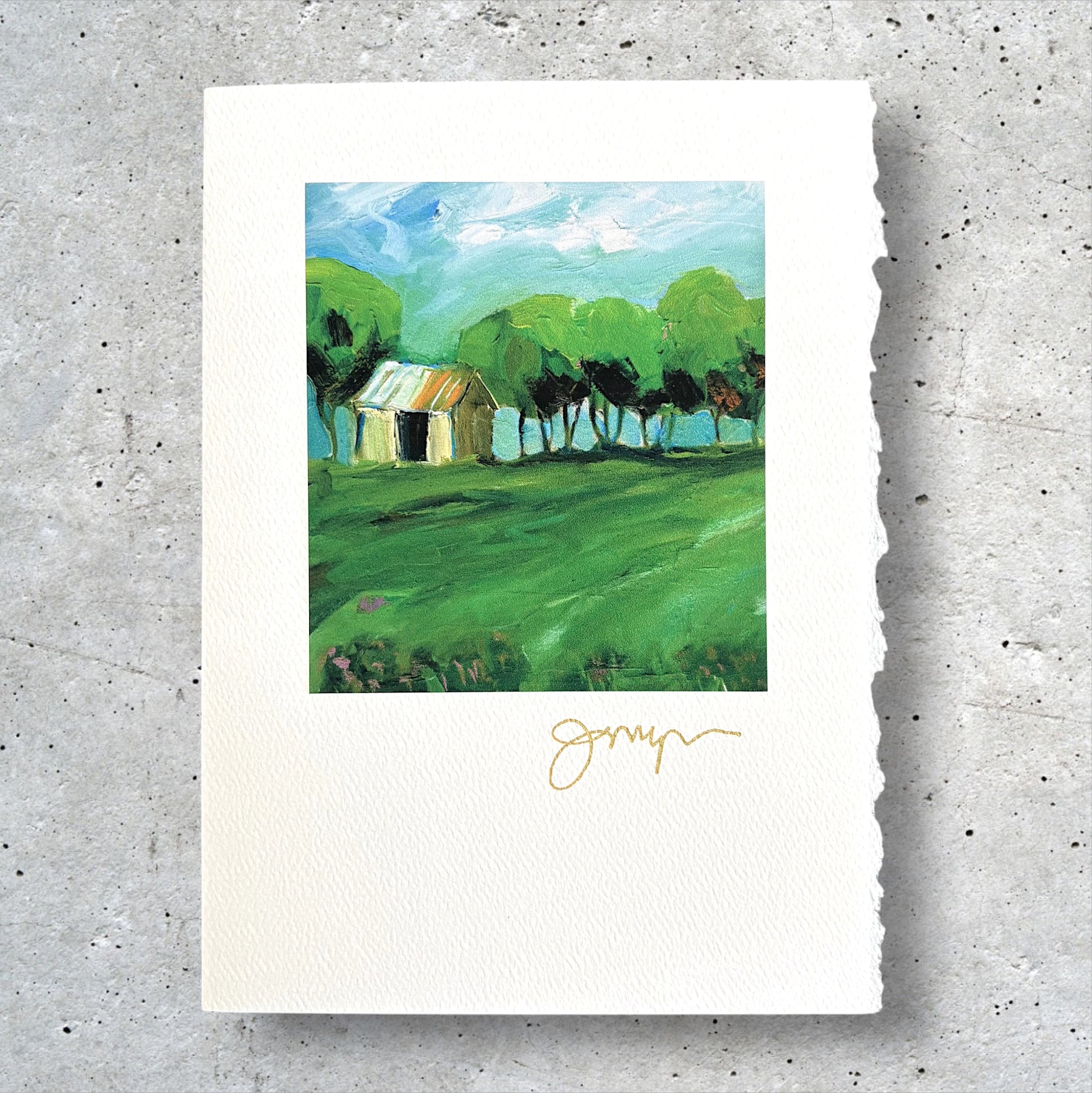 Green landscape greeting card with trees and a small house, signed by Jody