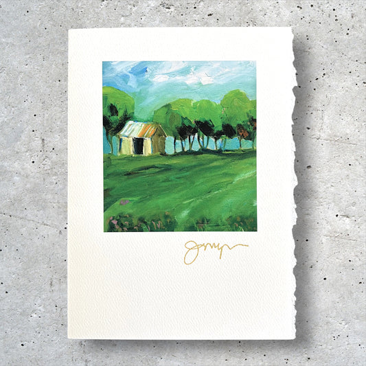 Green landscape greeting card with trees and a small house, signed by Jody