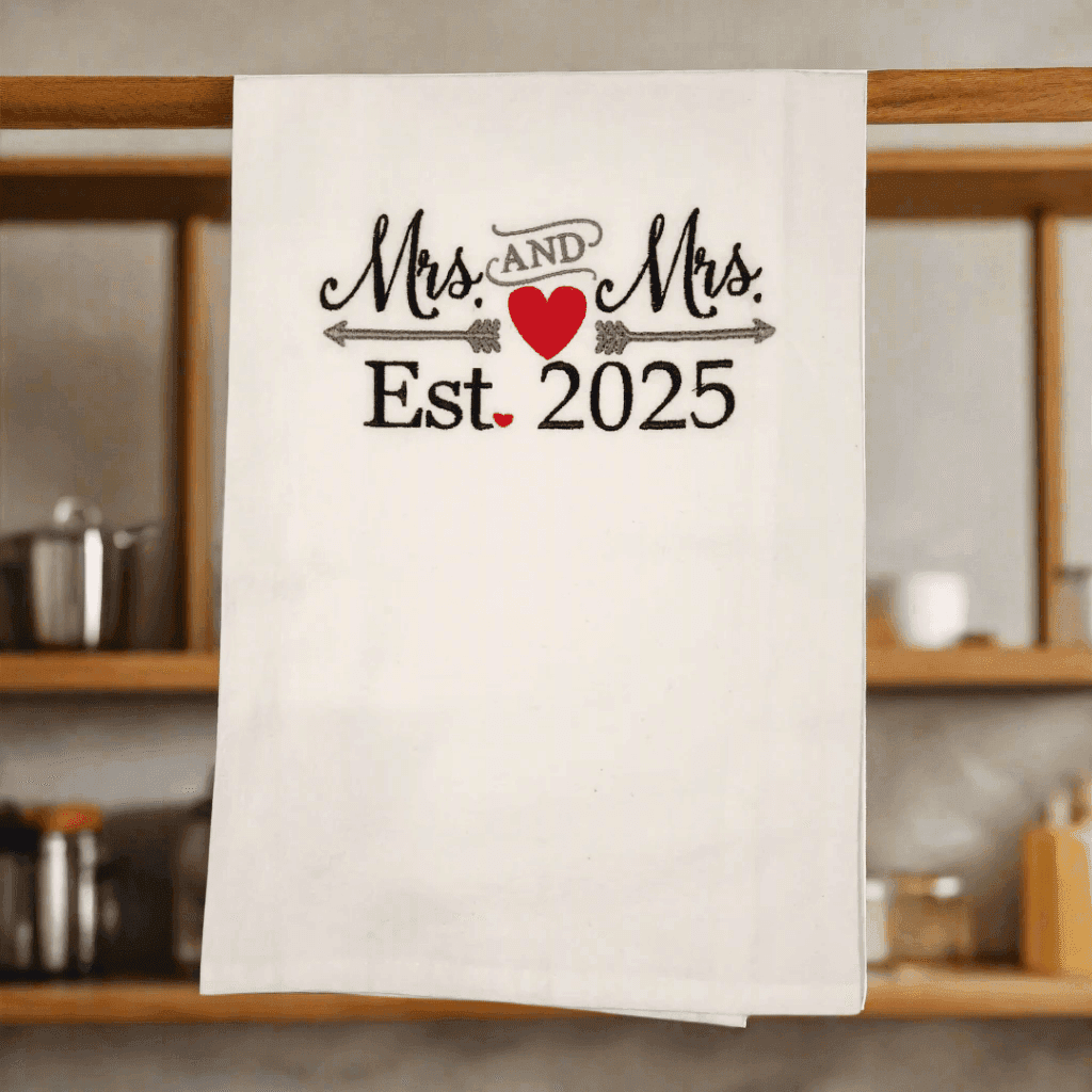 2025 Mrs & Mrs Towel - Embroidered towel hanging on rack, romantic home accessory for couples, great for weddings or Valentine's Day gifts.