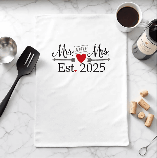2025 Mrs & Mrs Towel - Embroidered kitchen towel with heart design, perfect sentimental gift for newlyweds or anniversaries in home decor.
