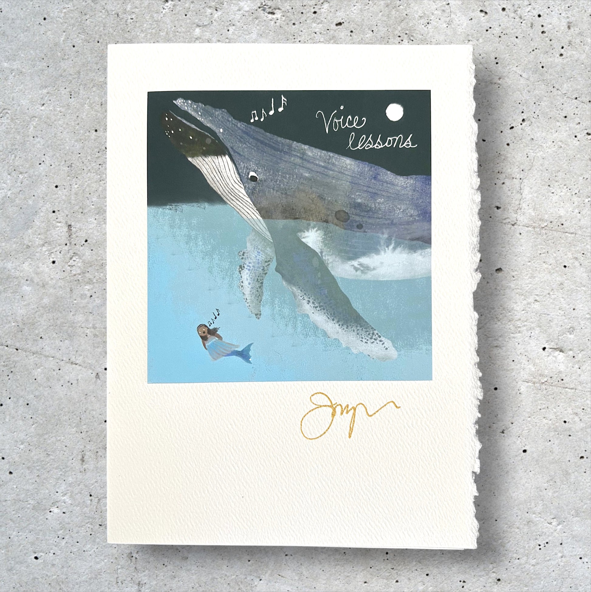 Whale and mermaid art greeting card with ocean scene and handwritten 'Voice lessons' text