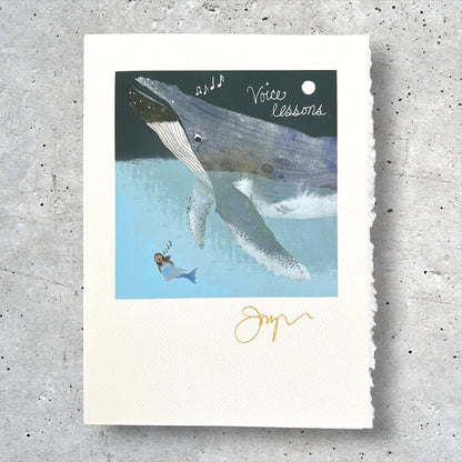 Whale and mermaid art greeting card with ocean scene and handwritten 'Voice lessons' text