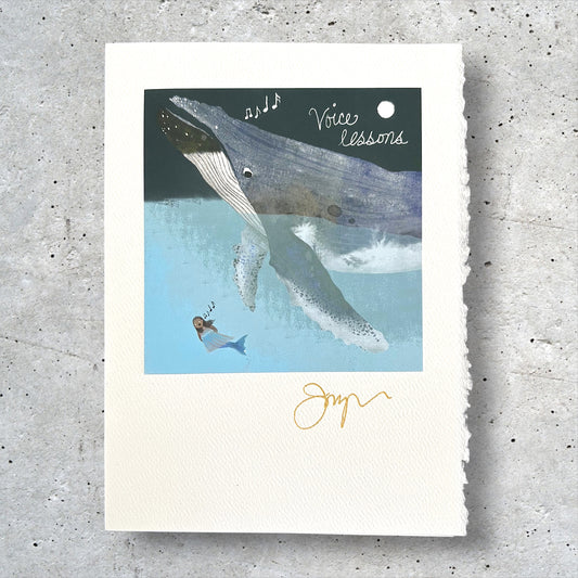 Whale and mermaid art greeting card with ocean scene and handwritten 'Voice lessons' text