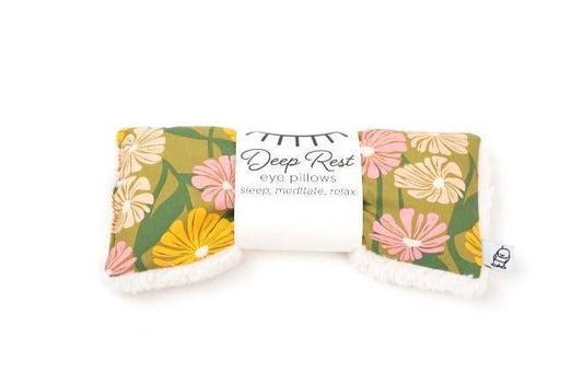 Deep Rest Eye Pillow with floral cotton cover and soft white minky backing, designed to reduce stress and improve sleep quality.