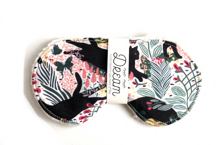 Colorful Jungle Cat Cotton Sleep Mask with black cat silhouettes and botanical design, ideal for restful sleep and comfort.