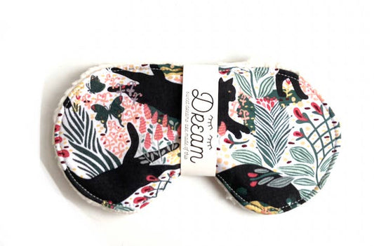 Colorful Jungle Cat Cotton Sleep Mask with black cat silhouettes and botanical design, ideal for restful sleep and comfort.