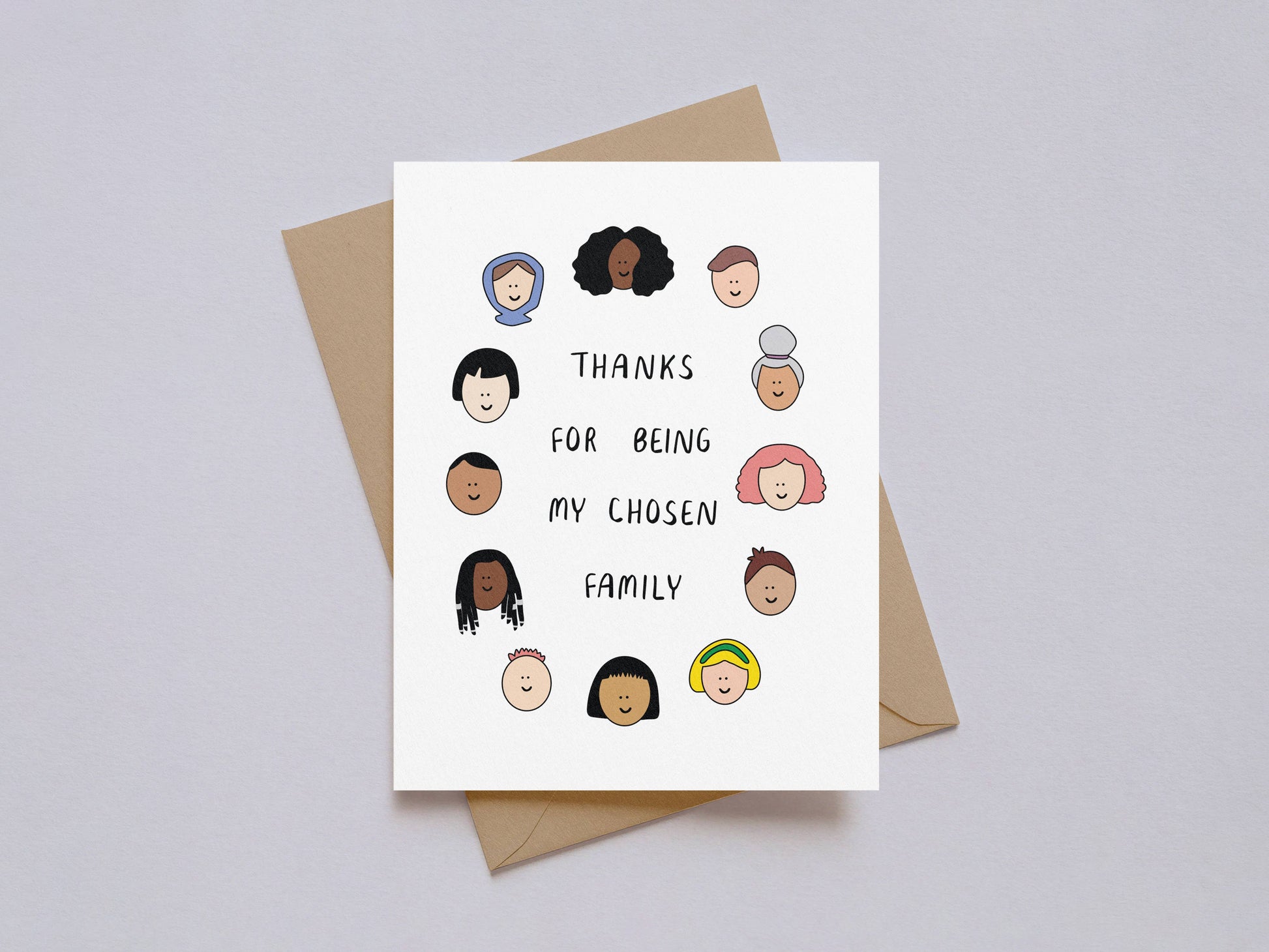 Chosen Family Thank You Card with diverse illustrated faces on white background