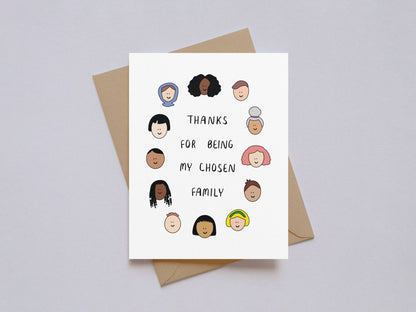 Chosen Family Thank You Card with diverse illustrated faces on white background