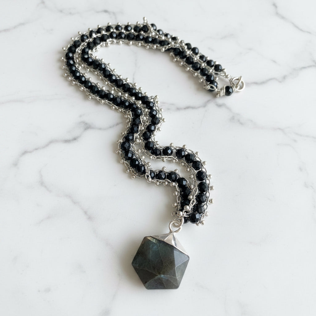 Labradorite, Glass Steel, Sterling Silver Chain Necklace