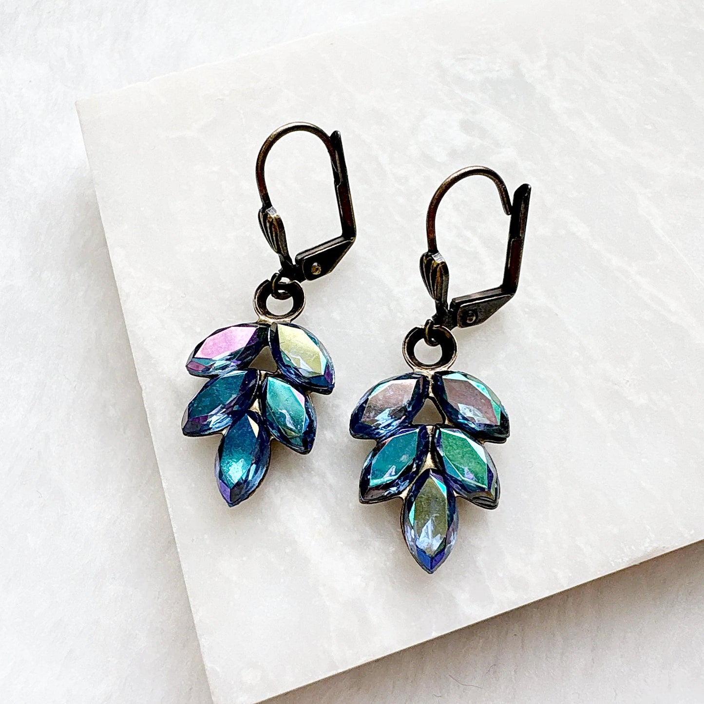 Vintage style brass crystal dangle earrings with iridescent beads