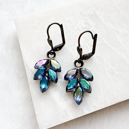 Antique Brass Crystal Dangle Earrings with iridescent stones