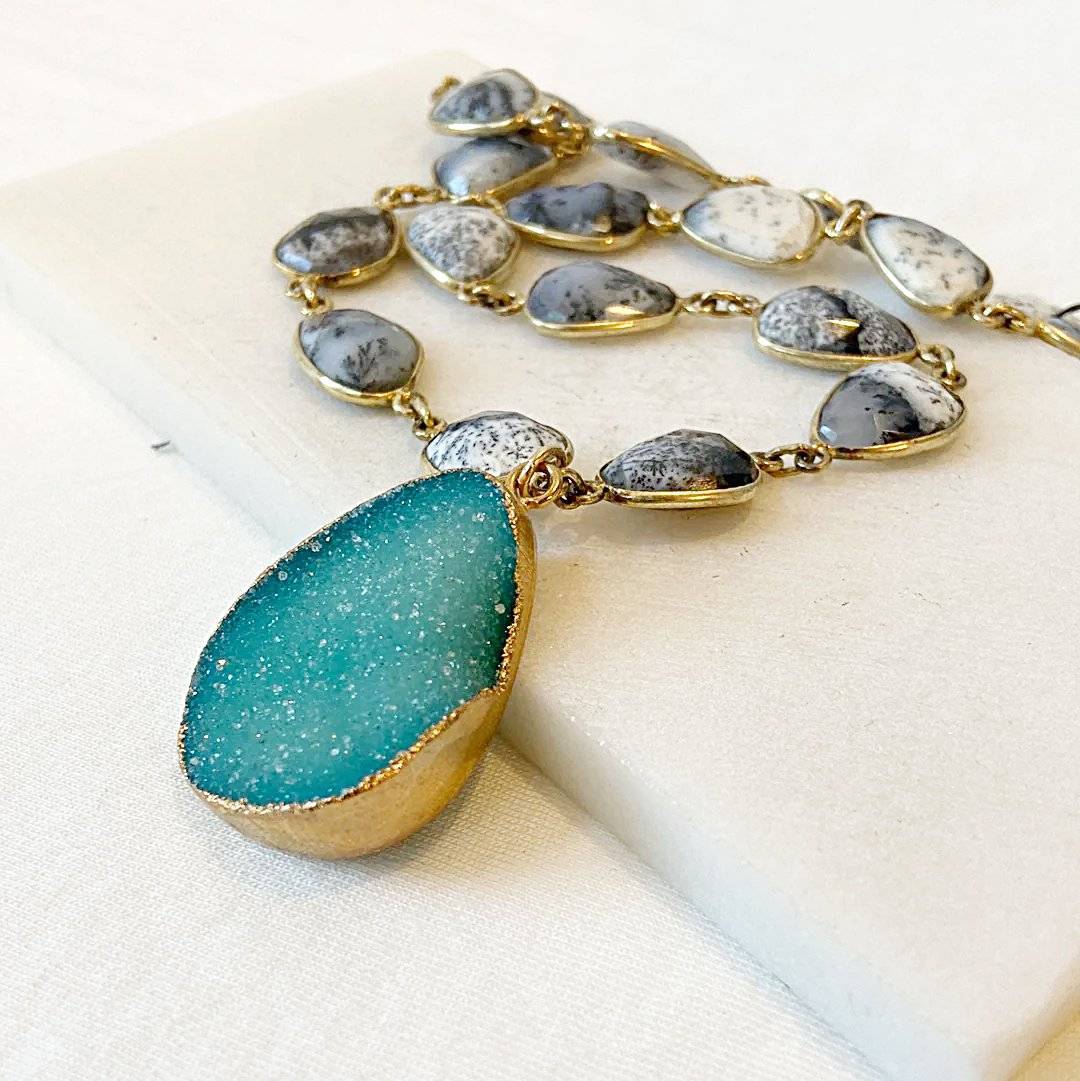 Druzy in Brass with Dendrite Opal with Gold Fill Chain Necklace Regina McGearty