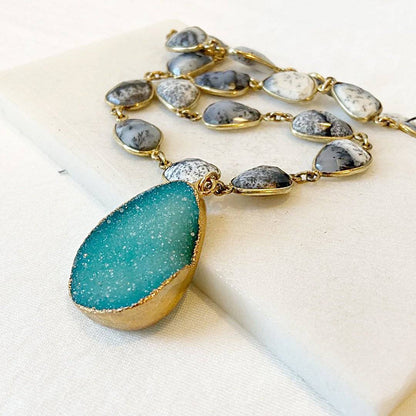 Druzy in Brass with Dendrite Opal with Gold Fill Chain Necklace Regina McGearty