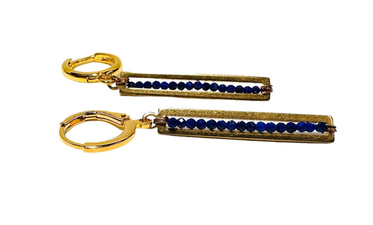 Lapis lazuli Gemstone Bar Earrings-Uni-T featuring 2mm faceted beads in a sleek gold-plated bar. Elegant drop earrings for any occasion.