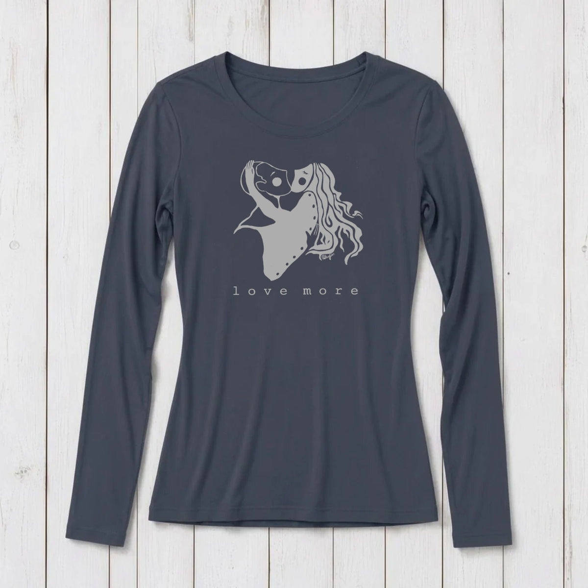 Dark gray long sleeve graphic T-shirt featuring a romantic line art of two women embracing with 'love more' text below, made from soft cotton blend