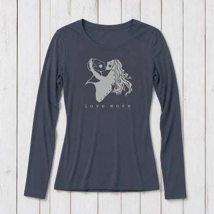 Dark gray long sleeve graphic T-shirt featuring a romantic line art of two women embracing with 'love more' text below, made from soft cotton blend