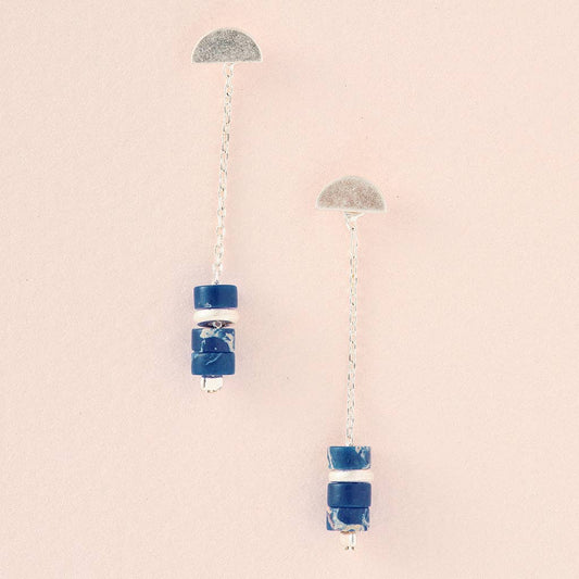 Lapis Stone Earrings - Meteor Thread with 1.5'' drop and hypoallergenic silver chain, featuring stacked blue lapis stones and semi-circle studs.