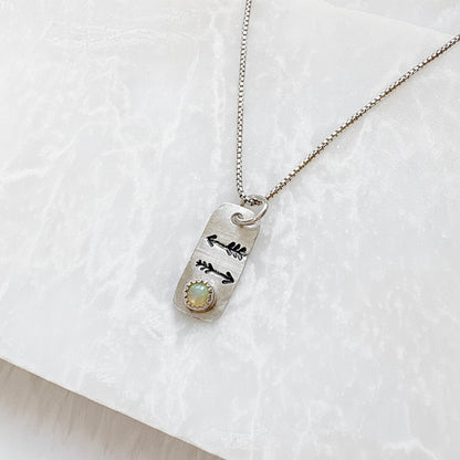 Opal Arrow Tag Necklace with engraved arrows and opal gemstone