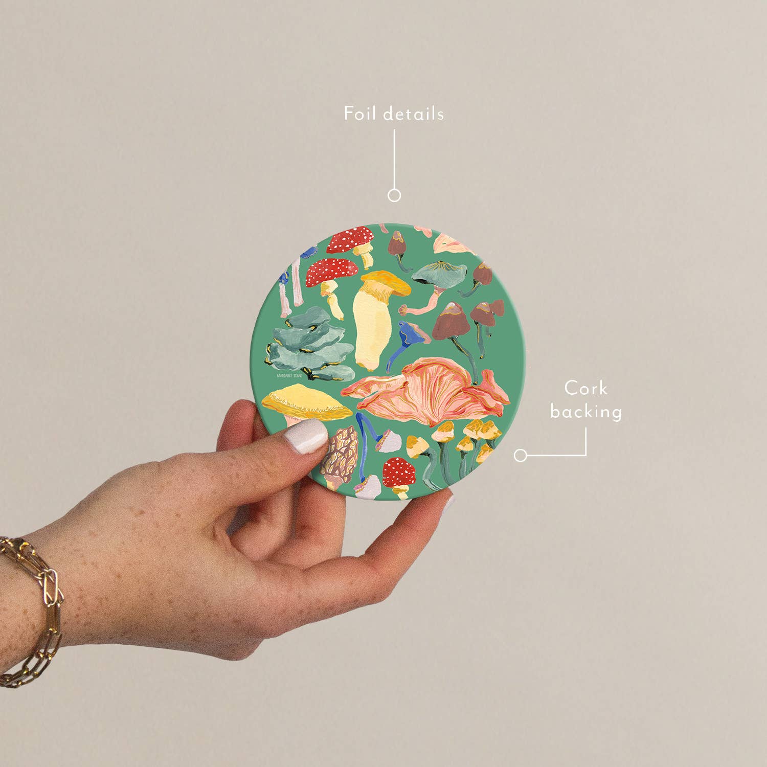 Plantable Shrooms Seedlings Coaster with colorful mushroom illustrations, foil details, and cork backing for heat and water resistance.