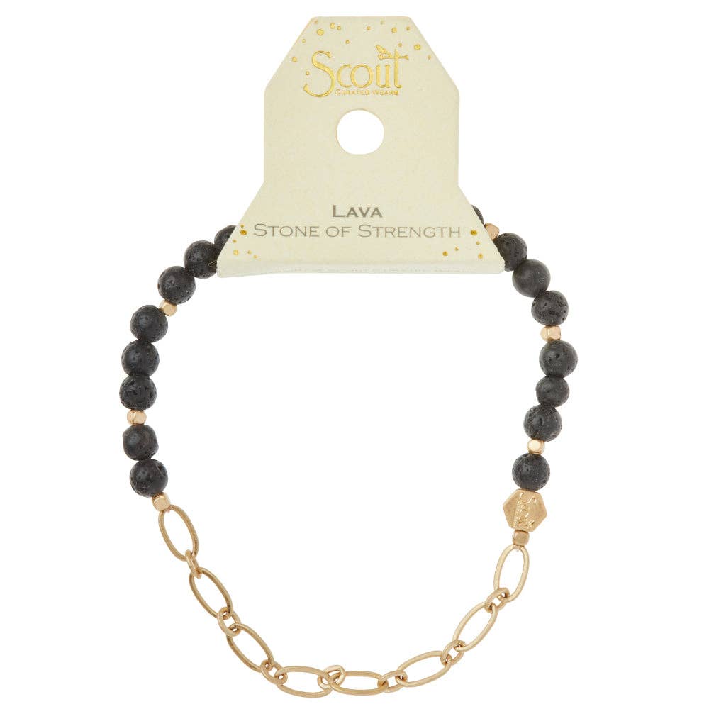 Lava Stone Bracelet with Chain - Strength | Modern Design displayed on branded packaging, highlighting semi-precious stones and gold accents.
