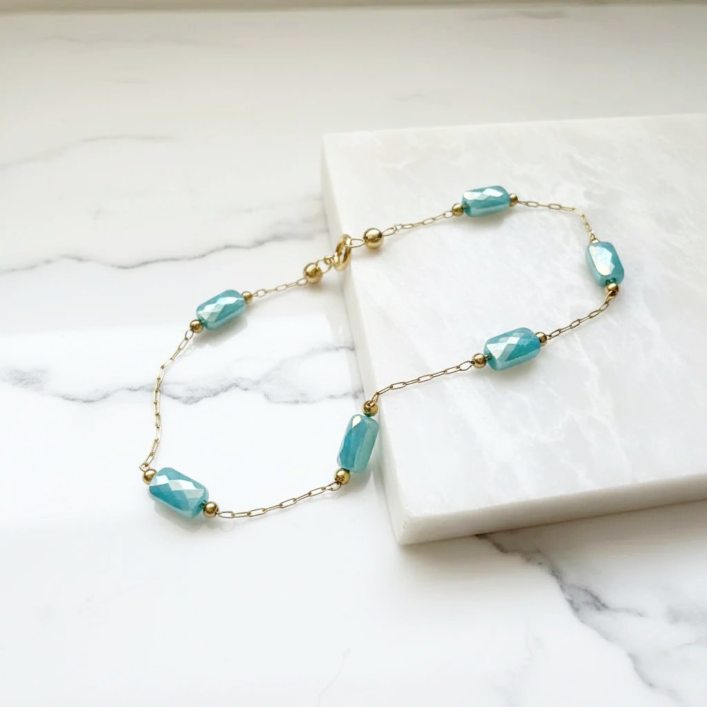 Blue Glass Beaded Chain Bracelet with gold chain and beads
