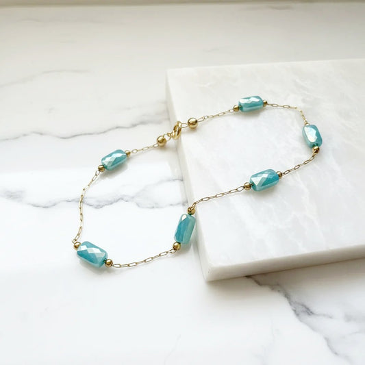 Blue Glass Beaded Chain Bracelet with gold chain and beads