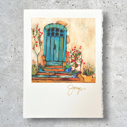 Art Greeting Card with colorful door and flowers