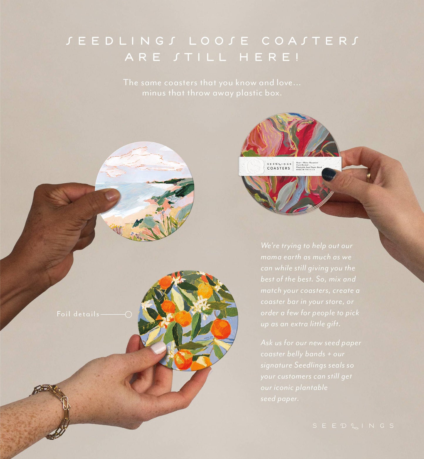 Assorted Seedlings plantable coasters with foil details shown in hand, promoting sustainable barware options for kitchen and dining use.