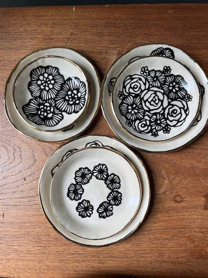 Handmade Floral Round Ceramic 7 Dish with 22K Gold Accents Hsieh Clay SF