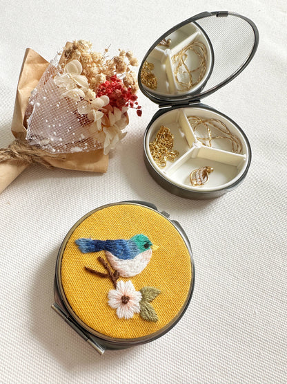 Yellow bird-themed Floral Embroidered Jewelry Box with mirror and 3 compartments, ideal for storing delicate jewelry pieces in style.