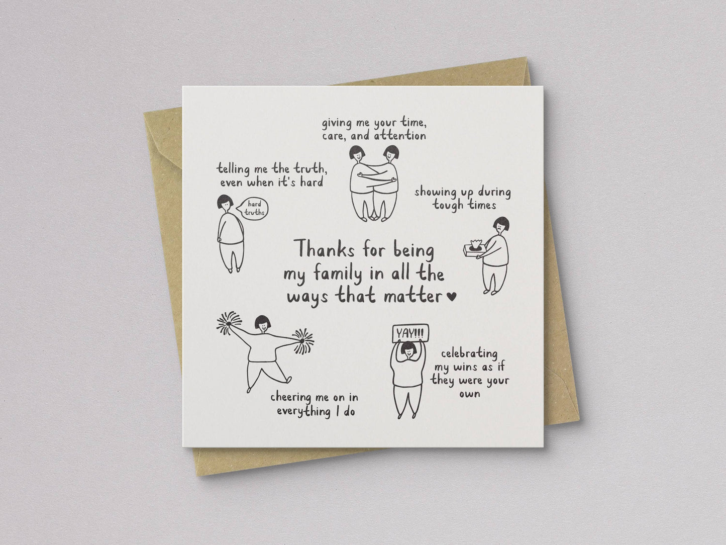 Thanks For Being My Family Mother's Day Card with hand-drawn illustrations and envelope