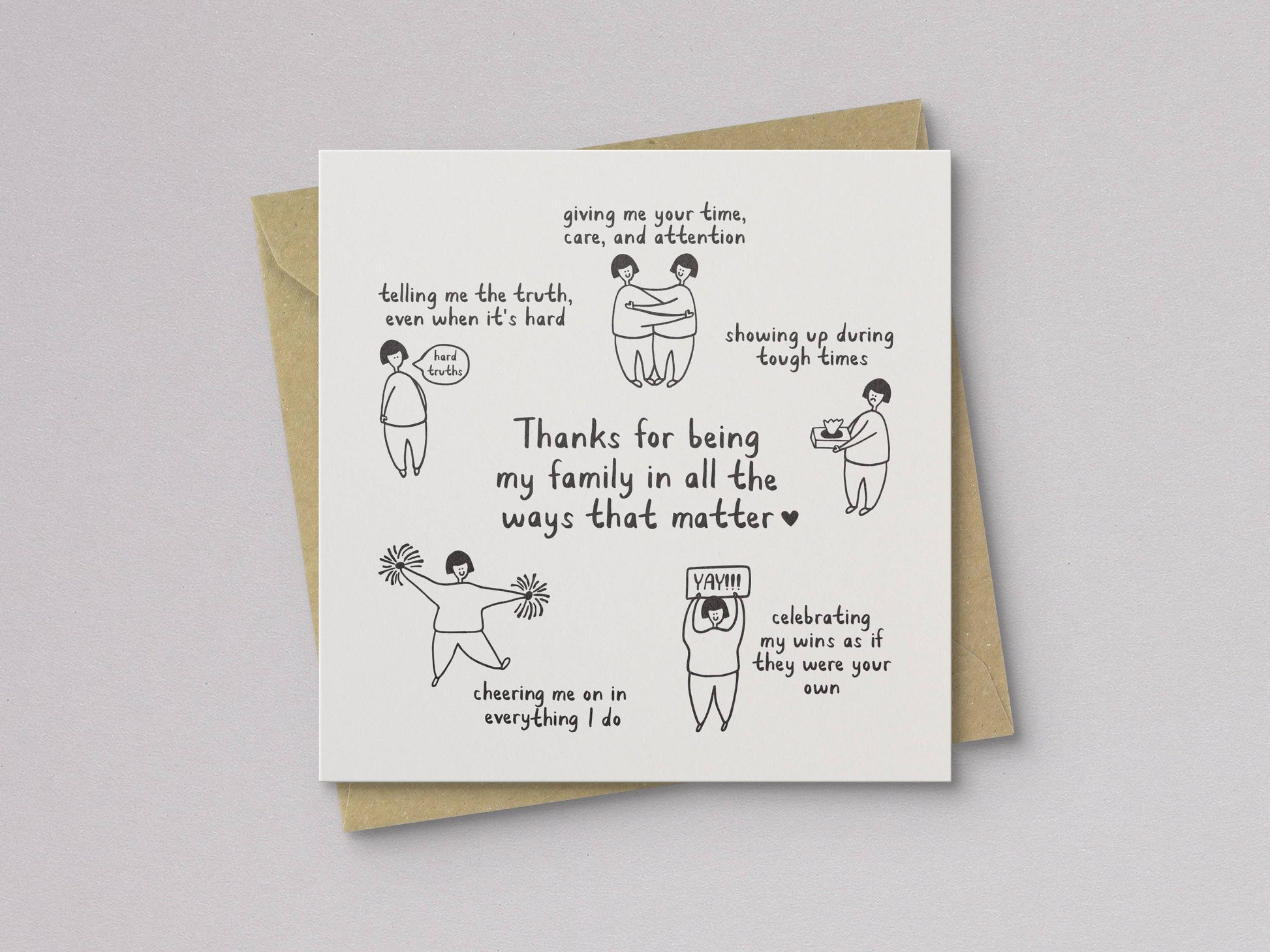 Thanks For Being My Family Mother's Day Card with hand-drawn illustrations and envelope