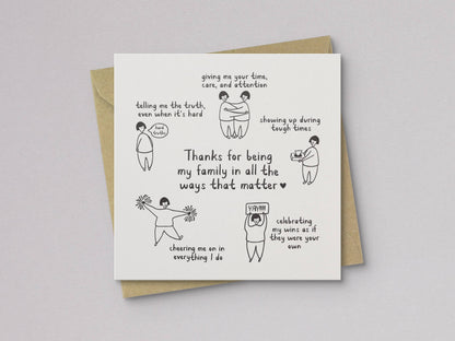 Thanks For Being My Family Mother's Day Card with hand-drawn illustrations and envelope