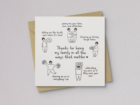 Thanks For Being My Family Mother's Day Card with hand-drawn illustrations and envelope