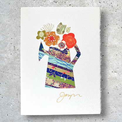 Handmade collage greeting card with floral design and gold accents