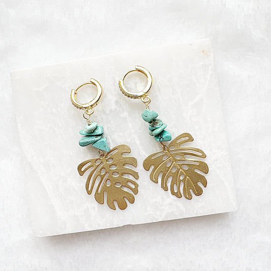 Monstera leaf earrings with turquoise stones