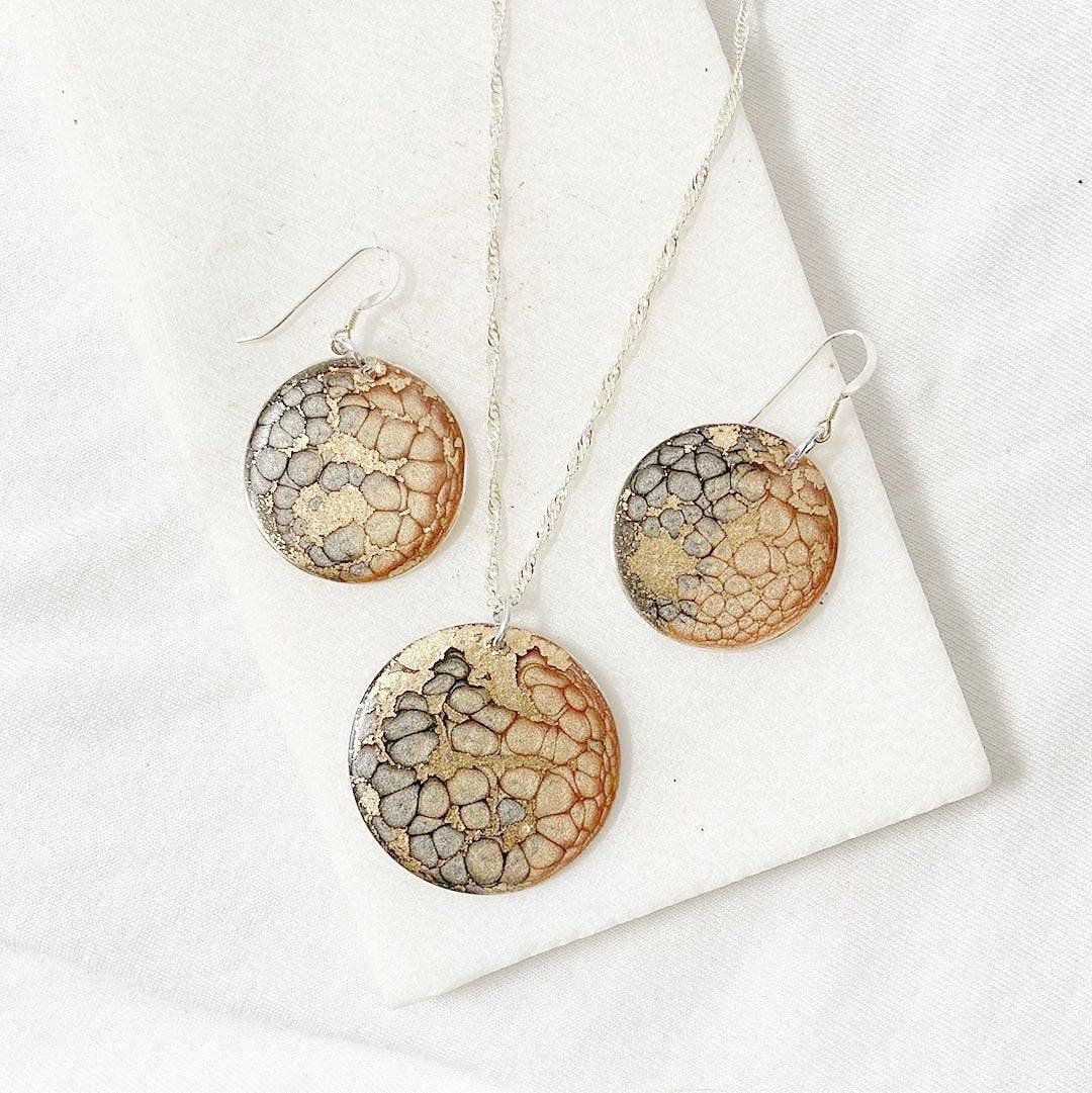 Gold and Silver Enamel Pendant Necklace & Earrings Set Sandrine Colson